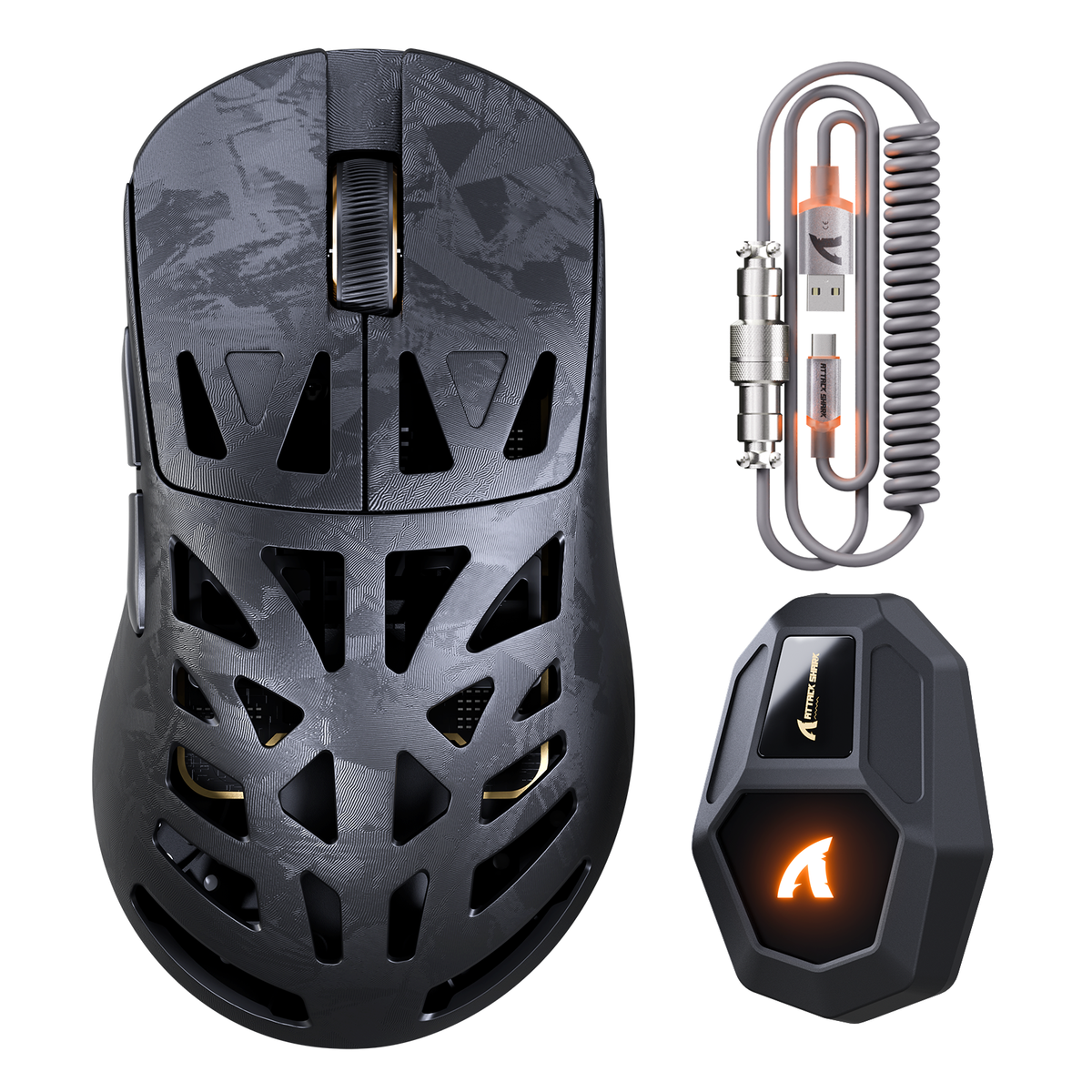 ATTACK SHARK RS6 ULTRA Carbon Fiber Wireless PAW3955MAX Gaming Mouse with C06 ULTRA Coiled Cable