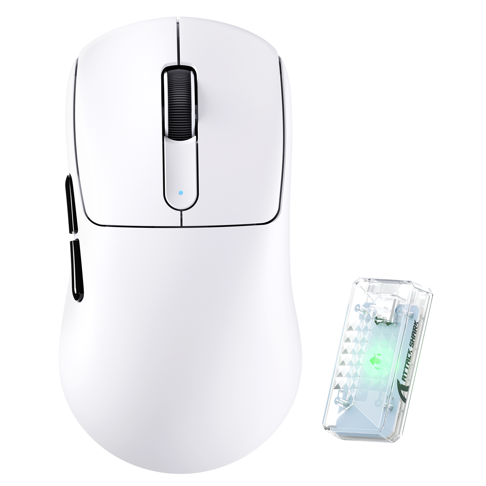 ATTACK SHARK white wireless gaming mouse with USB receiver and green LED indicator
