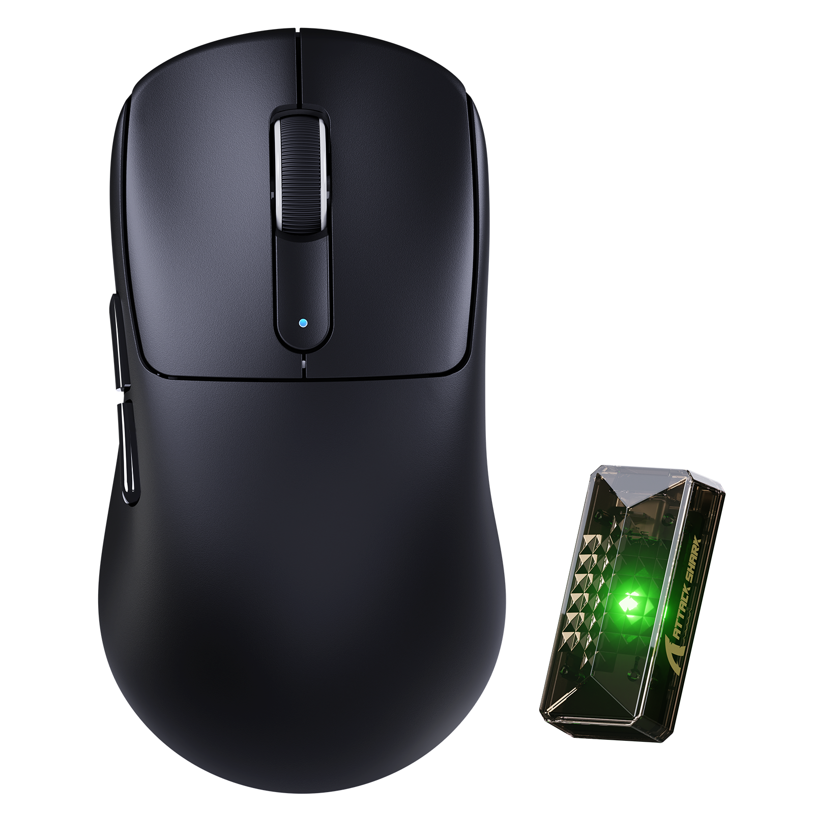 ATTACK SHARK black wireless gaming mouse with USB receiver and green LED indicator