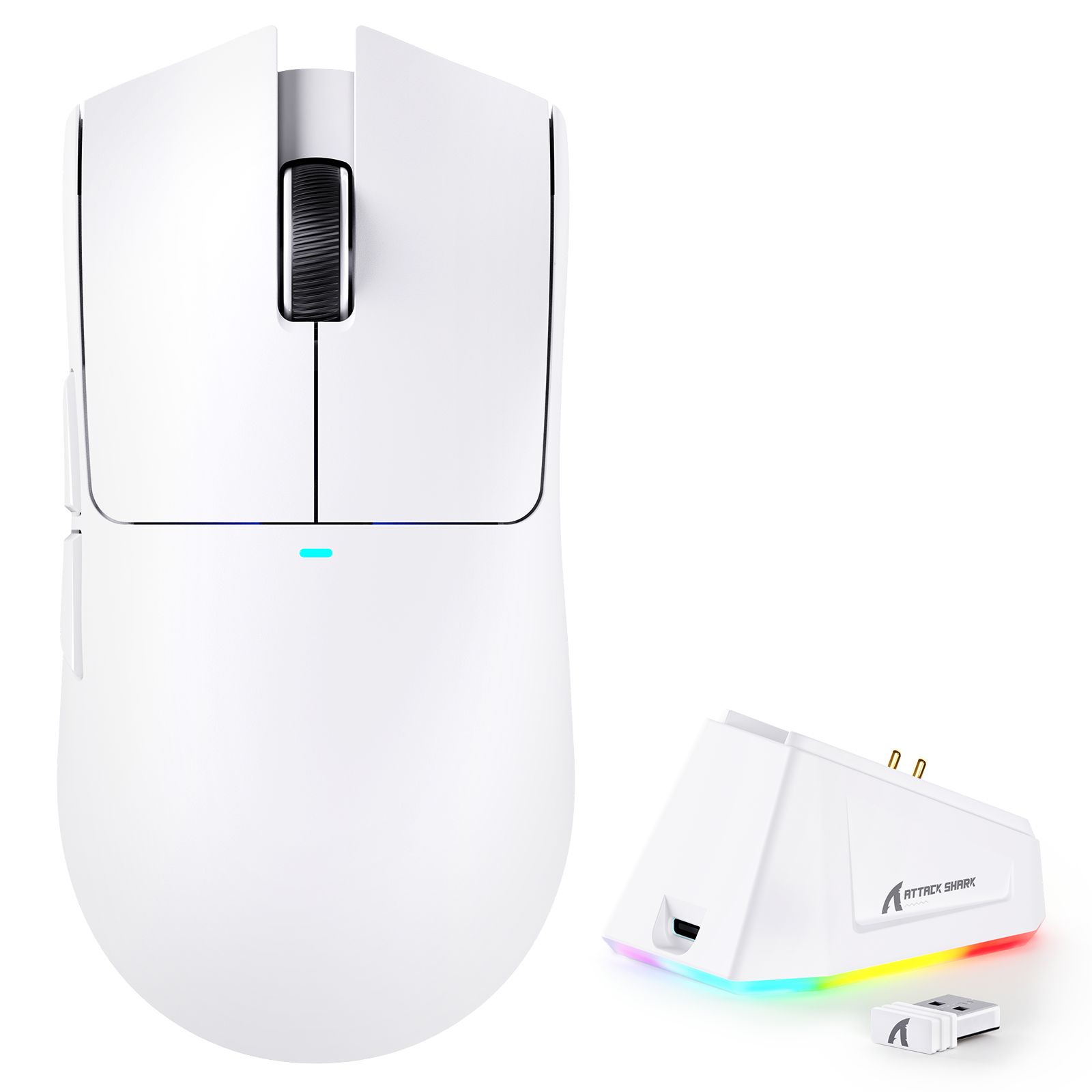 White wireless gaming mouse with RGB charging dock and USB receiver