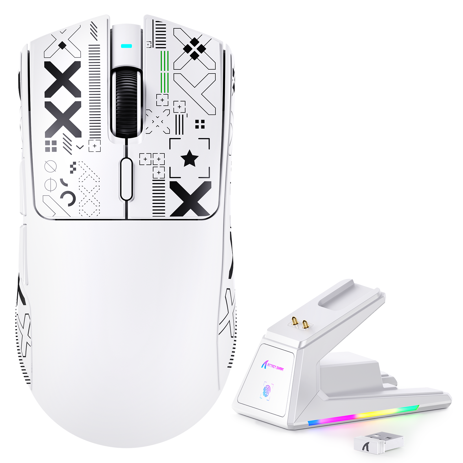 ATTACK SHARK X1 gaming mouse with RGB magnetic charging dock and purple lighting