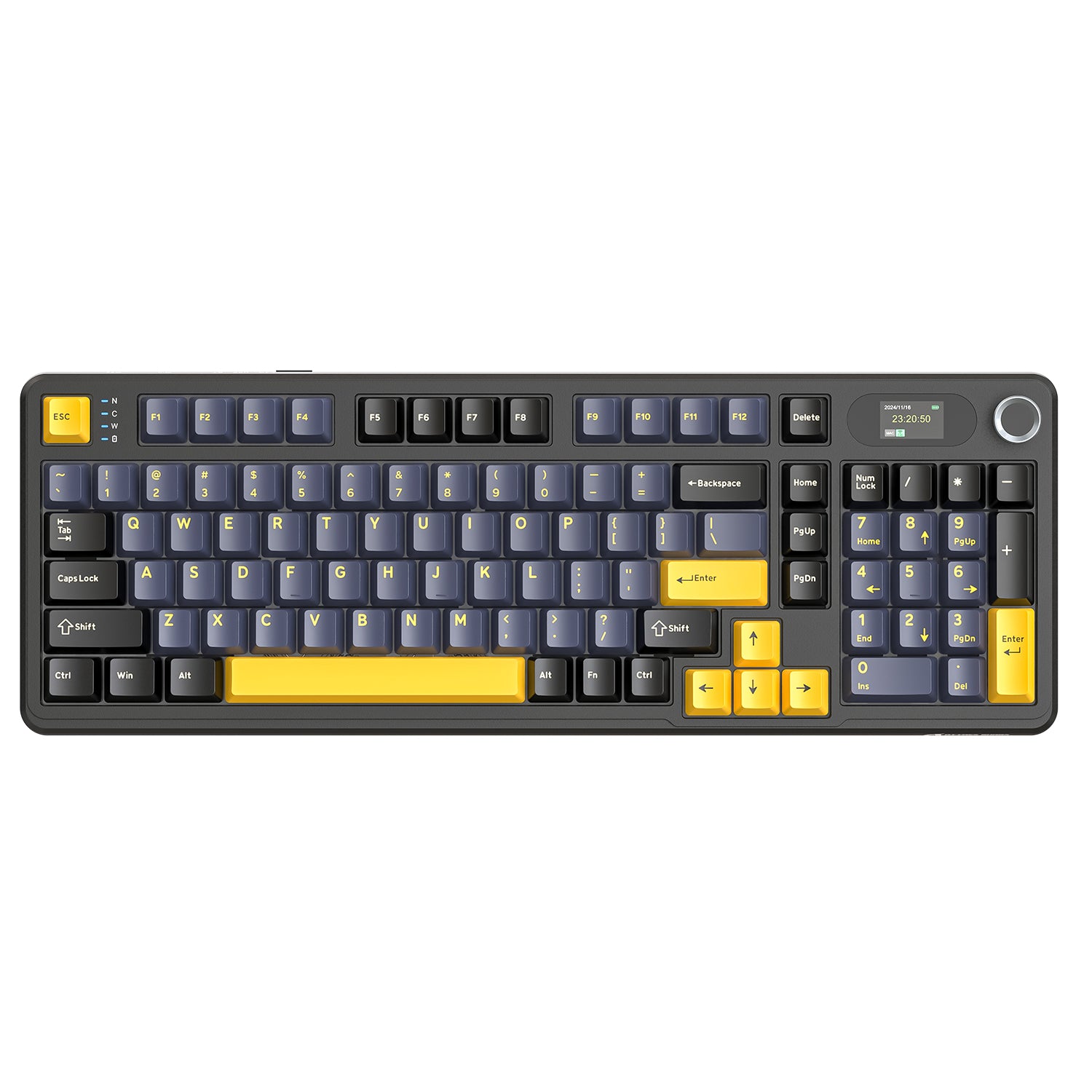 ATTACK SHARK X98PRO wireless keyboard with yellow accents, LED screen, and volume knob.