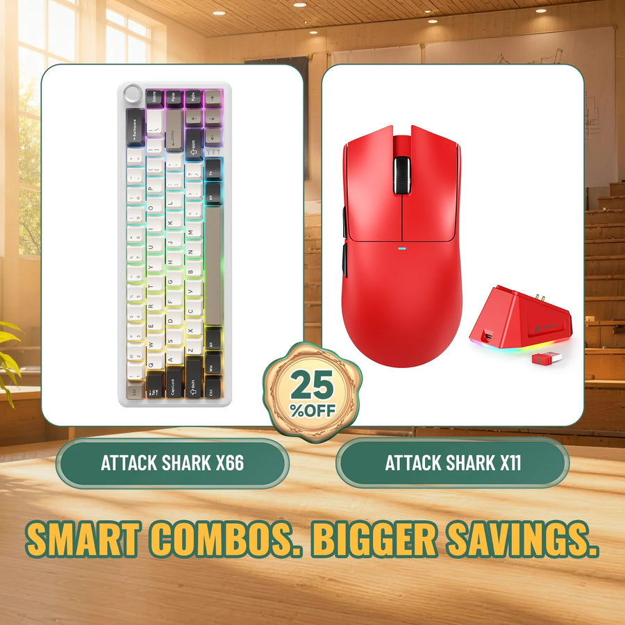 Keyboard and gaming mouse bundle arranged together on a clean desk