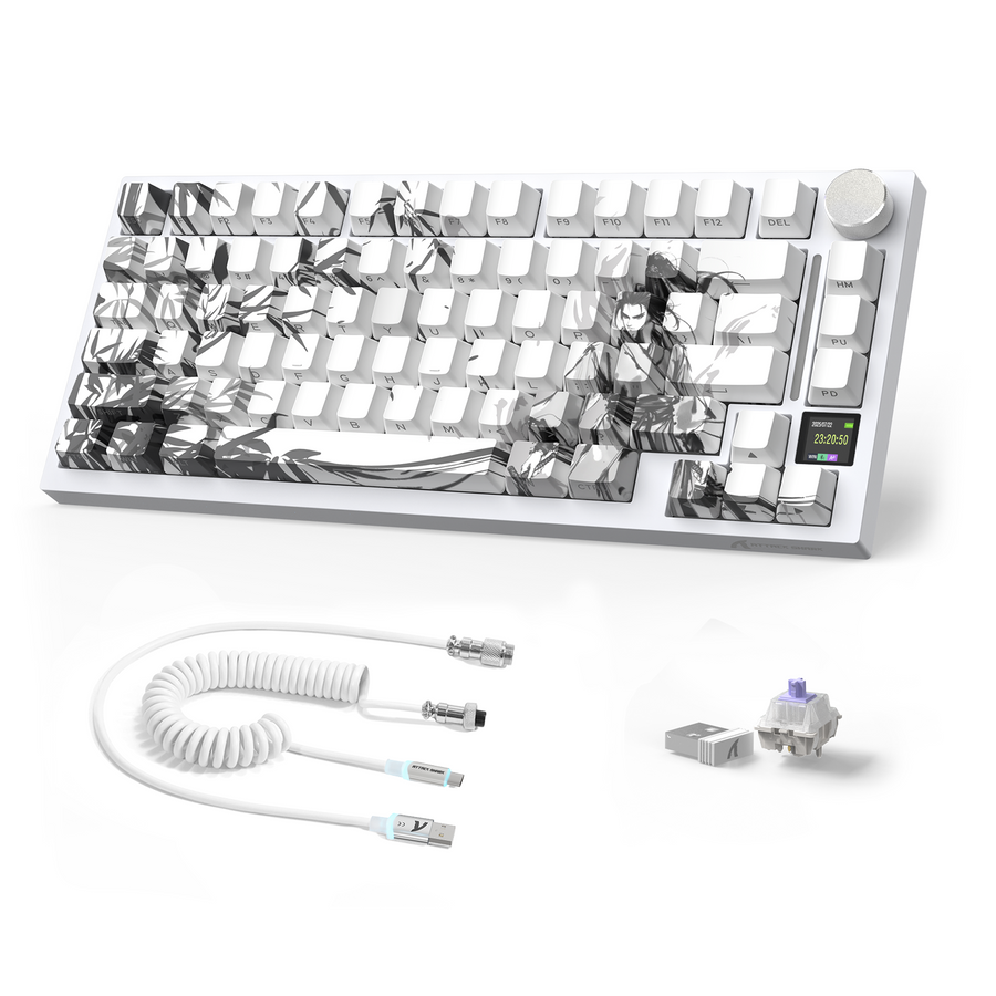 ATTACK SHARK X820 ULTRA mechanical keyboard with coiled cable presented as a colorful shared-desk centerpiece