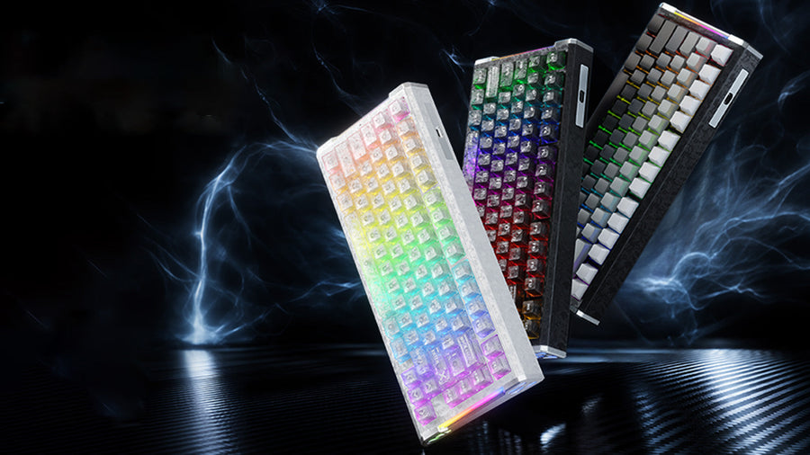 RGB mechanical keyboards with transparent crystal keycaps in black and white designs