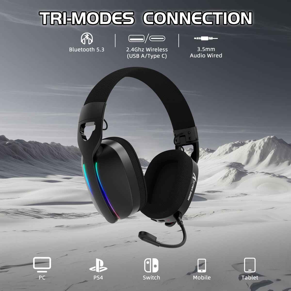 Gaming headset with multiple connection options for PC, console, and mobile use