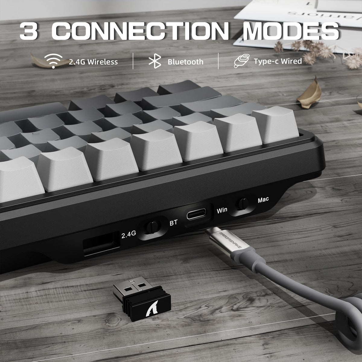 Wireless gaming keyboard shown as a compact option for a laptop-and-desktop setup.
