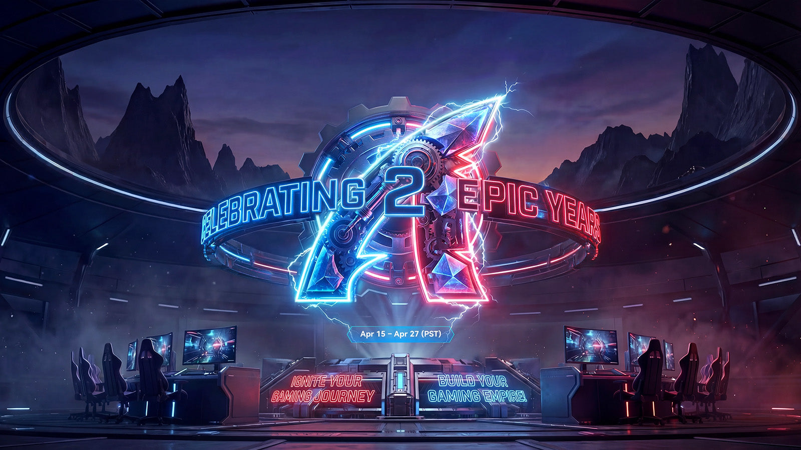 Attack Shark 2nd anniversary promotional graphic featuring a giant neon logo inside a futuristic esports arena
