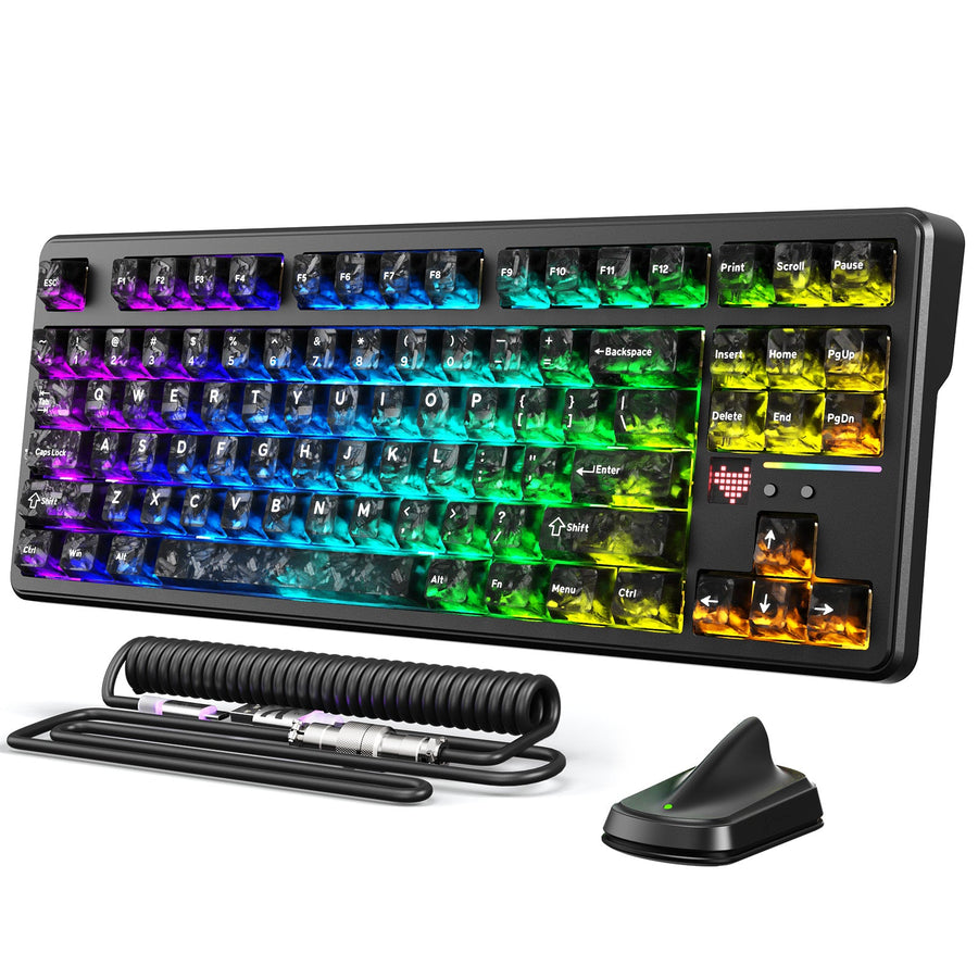 Wireless gaming keyboard with RGB keycaps, coiled cable, and receiver
