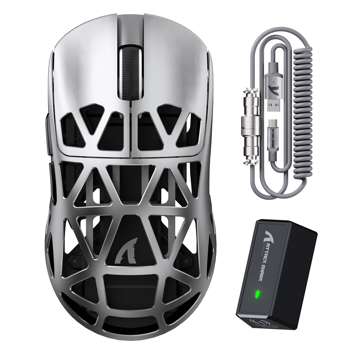 The referenced gaming mouse and included accessories shown together for product-spec comparison.