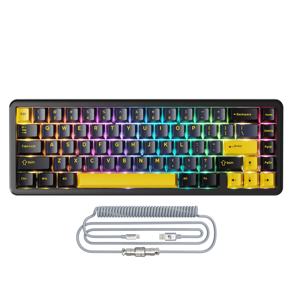 A compact wired keyboard shown as the featured gaming-peripheral example
