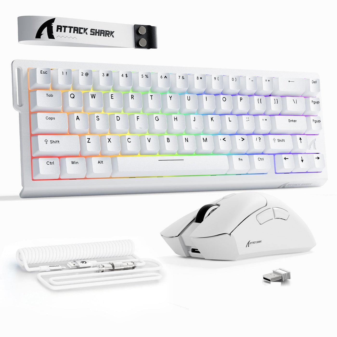 ATTACK SHARK gaming keyboard, mouse, and coiled cable arranged as a coordinated desk setup