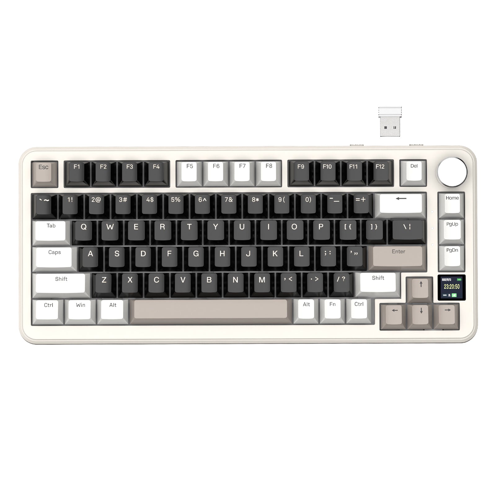 ATTACK SHARK X85PRO keyboard in beige and black with knob and smart display.