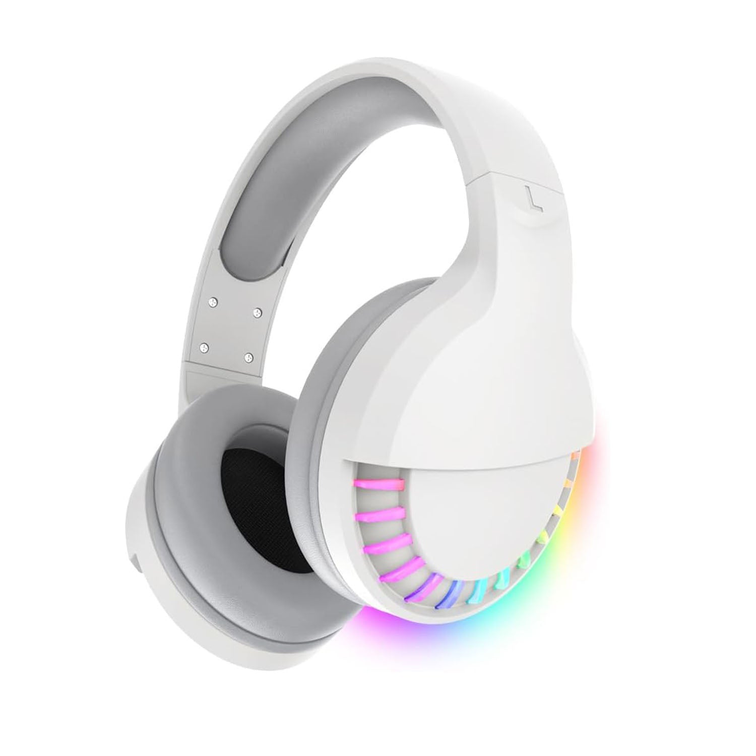 White wireless headset with colorful RGB lighting and comfortable design.