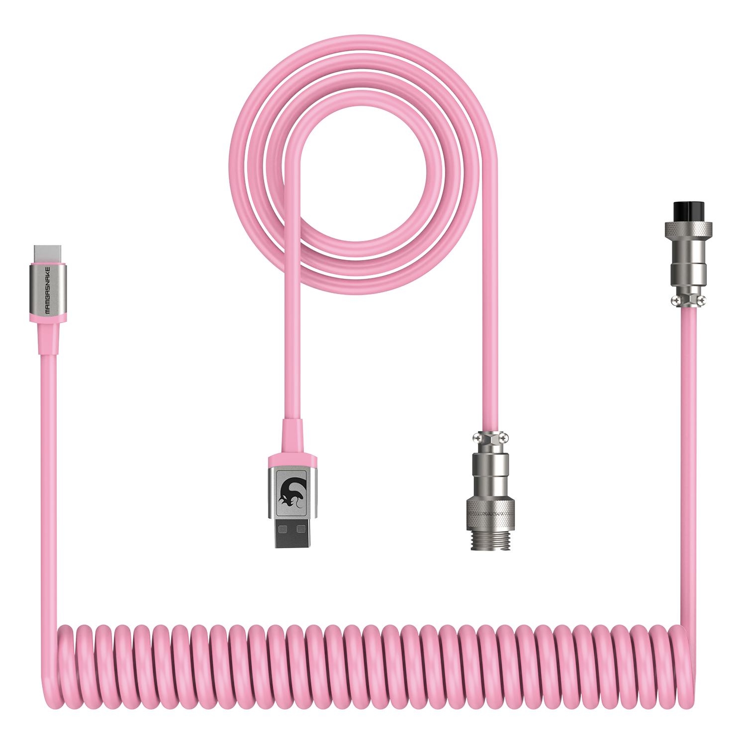 Coiled pink USB-C keyboard cable with aviator connector and USB-A end.