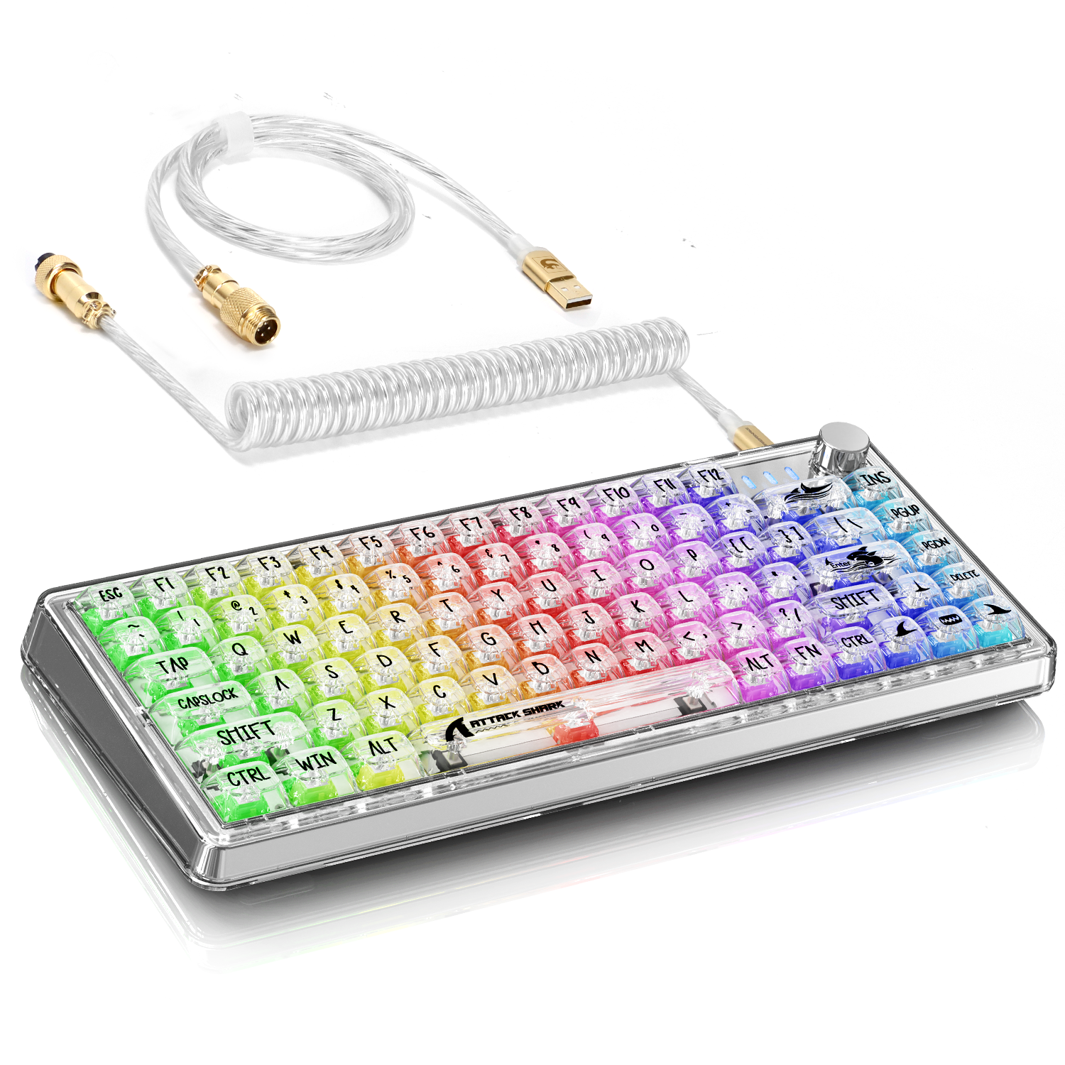 Attack Shark K75 transparent mechanical keyboard with RGB lighting and coiled cable