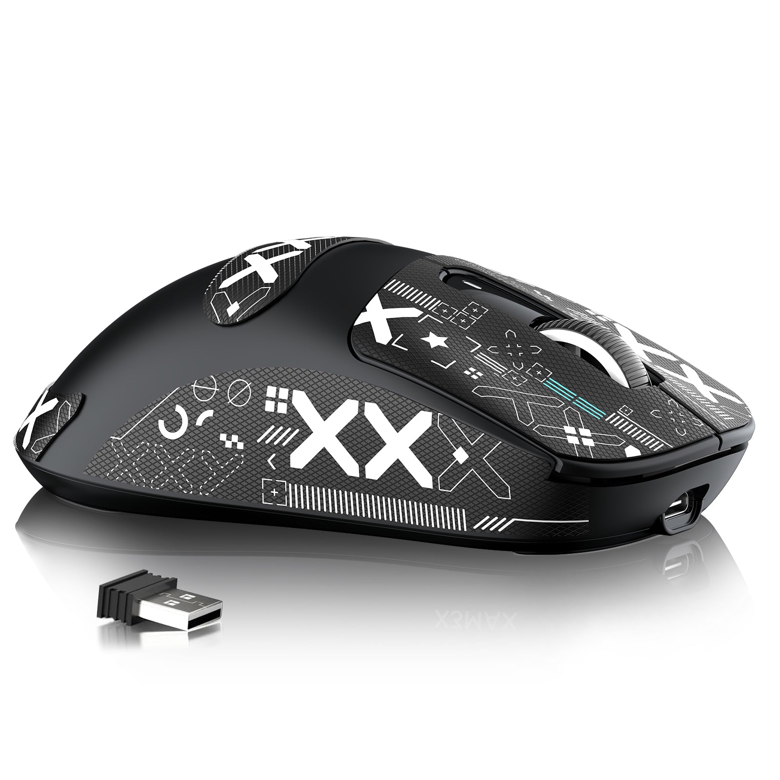 X3MAX black wireless gaming mouse with unique design and USB receiver.