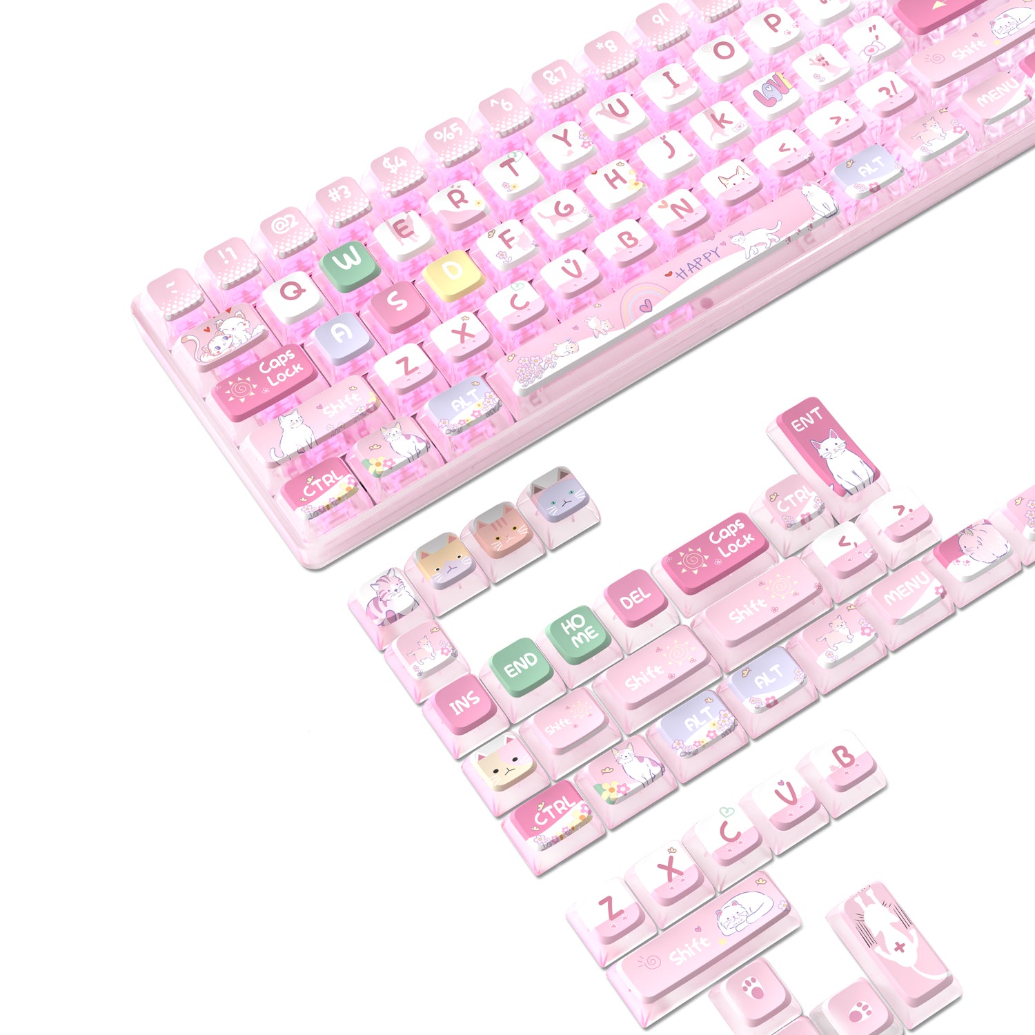 Pink mechanical keyboard with kawaii cat-themed keycaps and colorful designs.