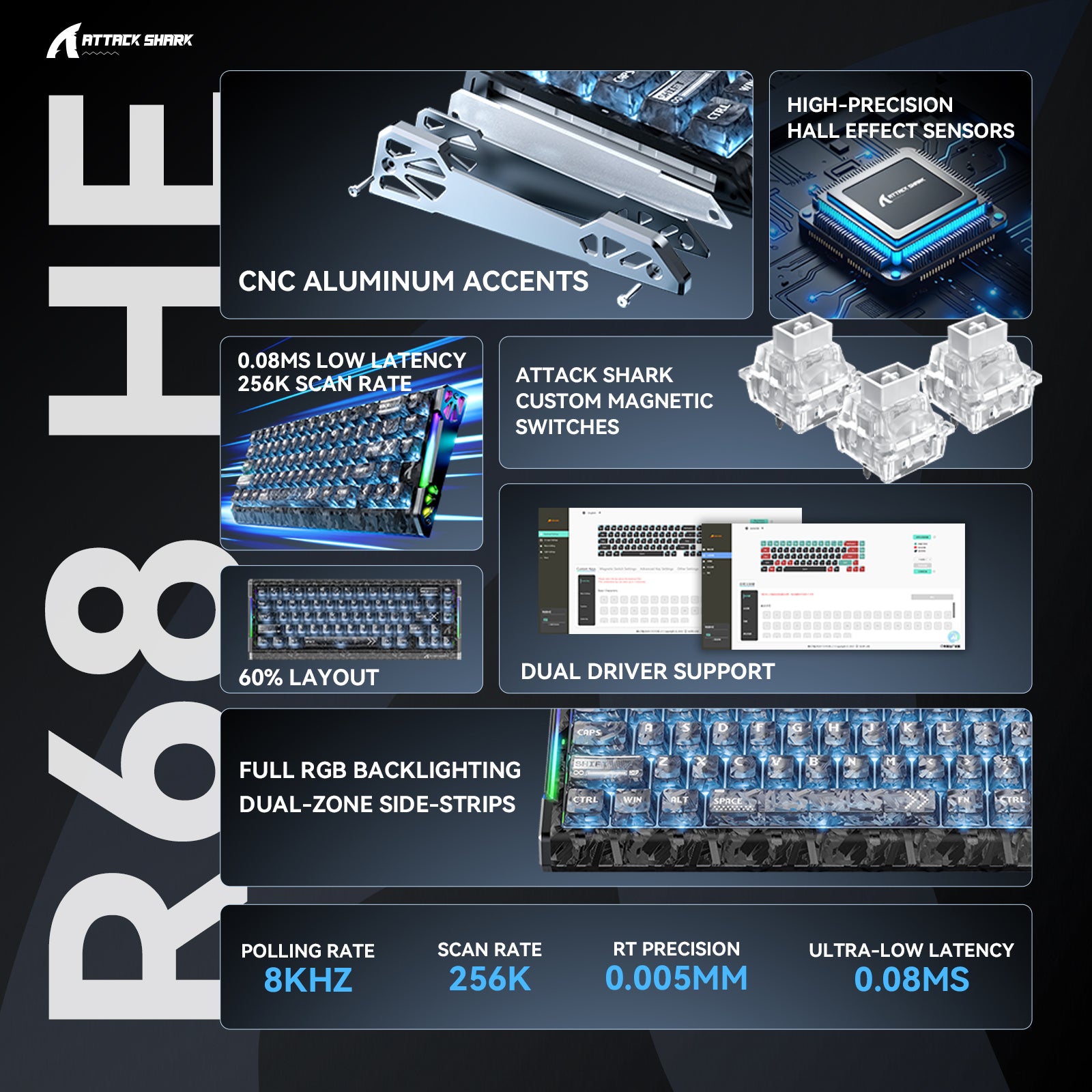 ATTACK SHARK R68 HE Carbon Fiber Wired Rapid Trigger Magnetic Switch Keyboard With C01 Ultra RGB Coiled Cable