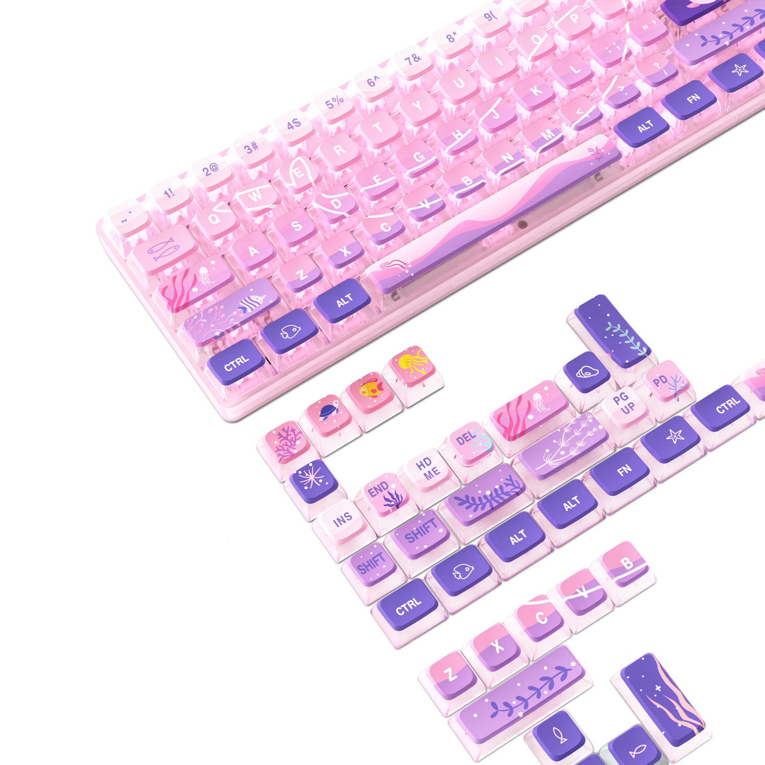 Pink mechanical keyboard with jellyfish-themed keycaps and pastel color design.