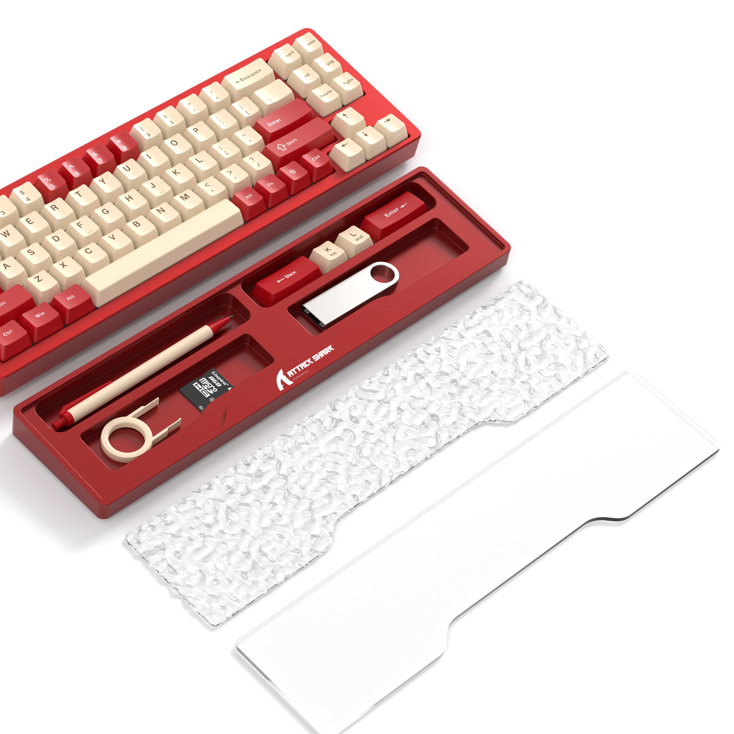 Attack Shark red mechanical keyboard with aluminum storage case for accessories.