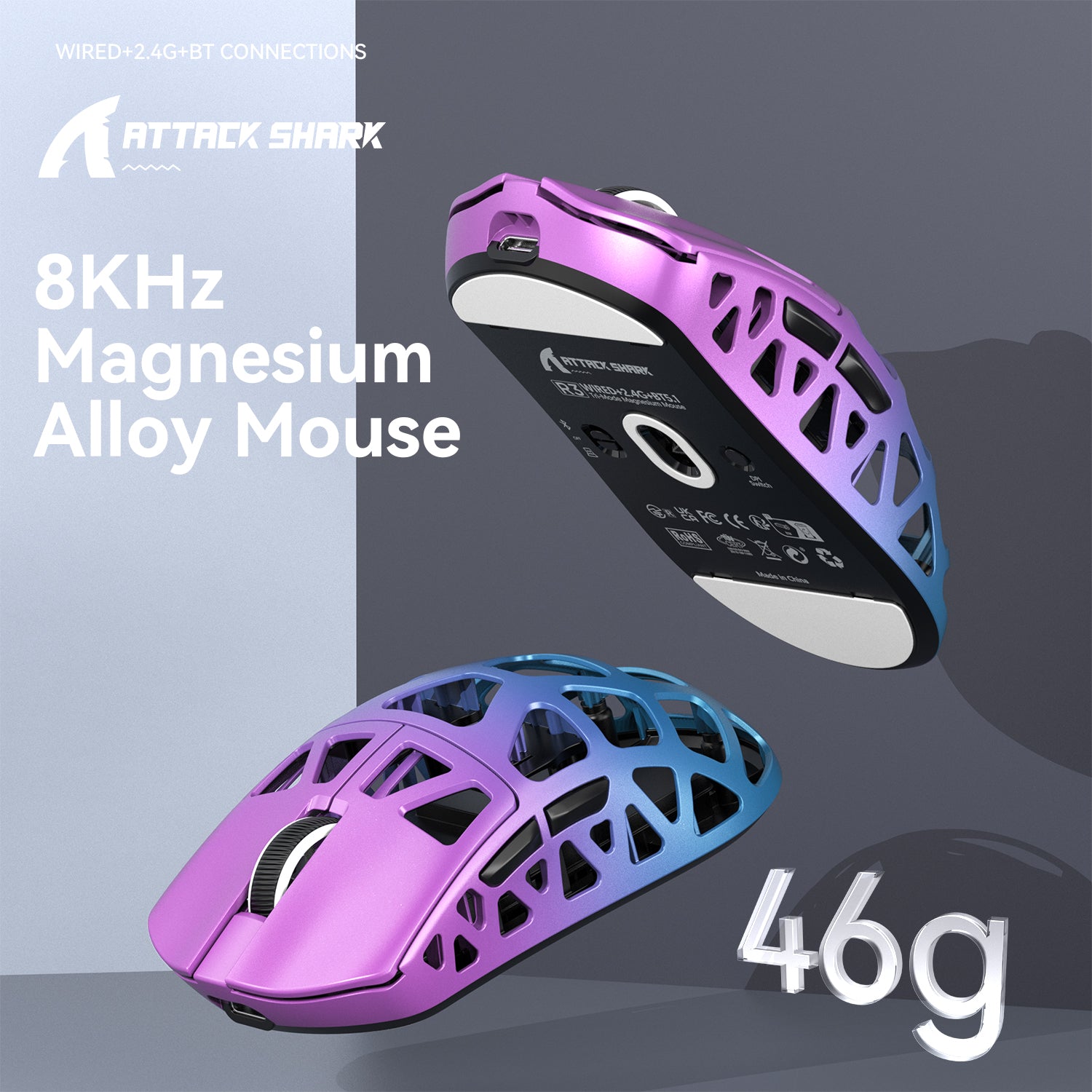 R3 Magnesium Alloy Gaming Mouse in purple and blue, showcasing lightweight design