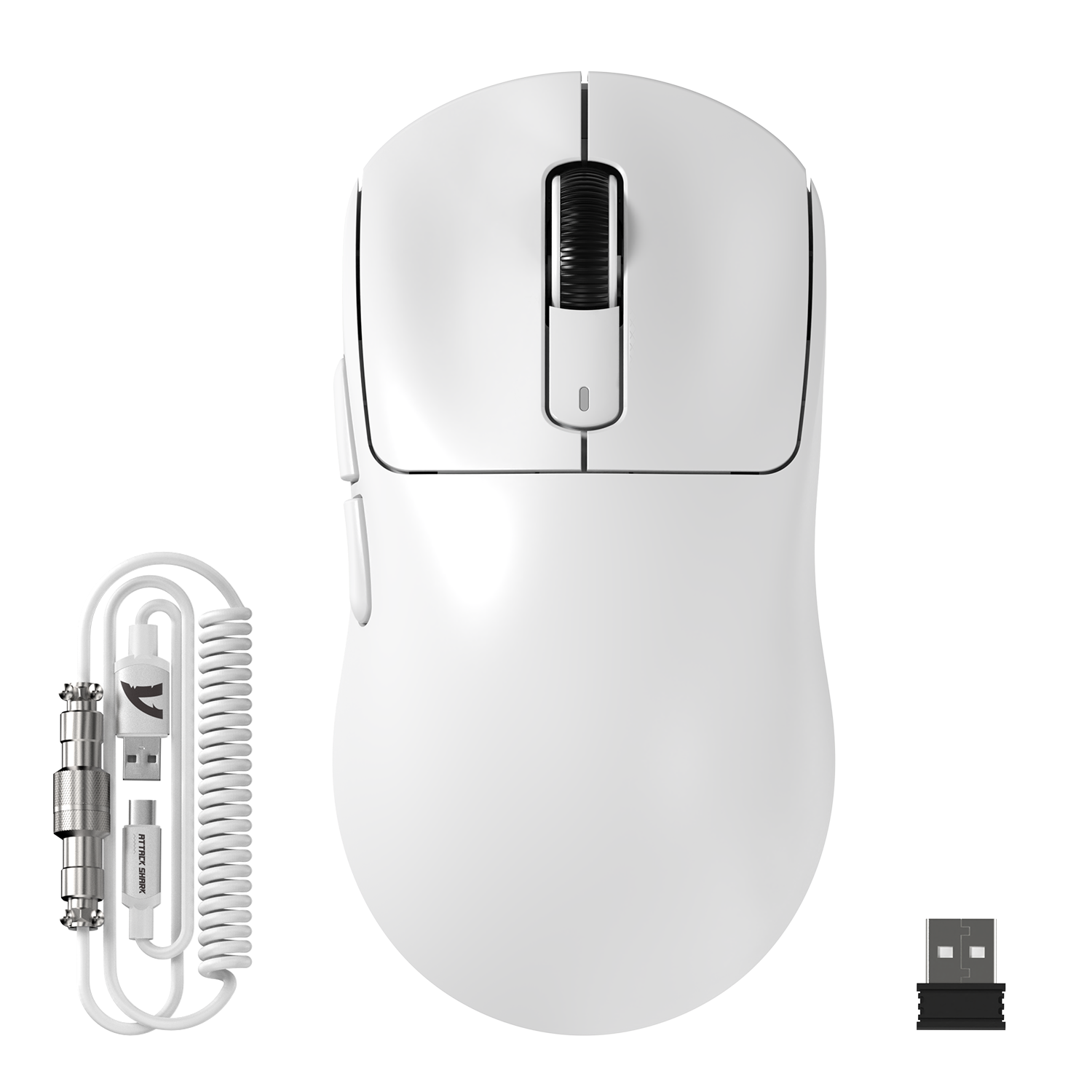 White Attack Shark X3MAX wireless gaming mouse with coiled cable and USB dongle