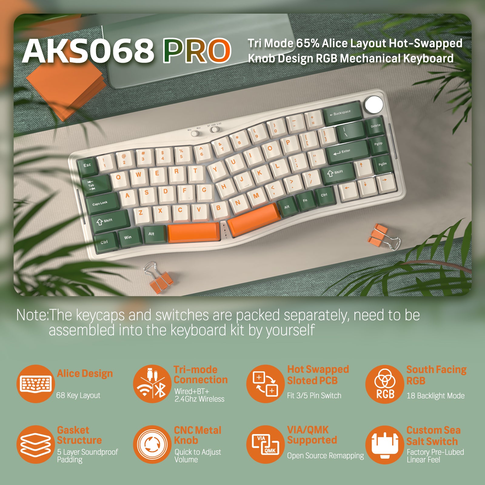 AKS068 PRO ergonomic wireless keyboard with tri-mode, RGB, and knob design