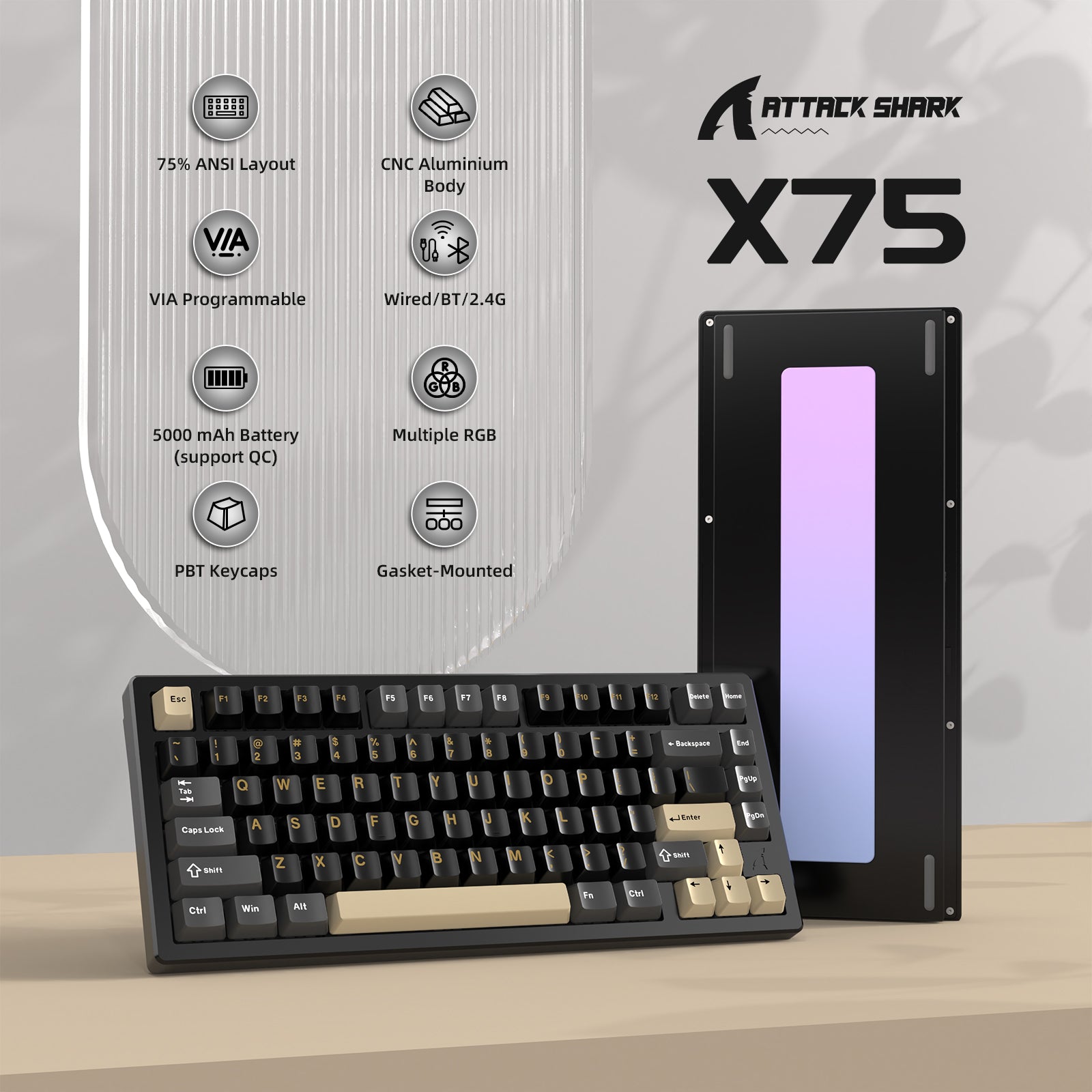 ATTACK SHARK X75 keyboard showcasing 75% layout and feature highlights.