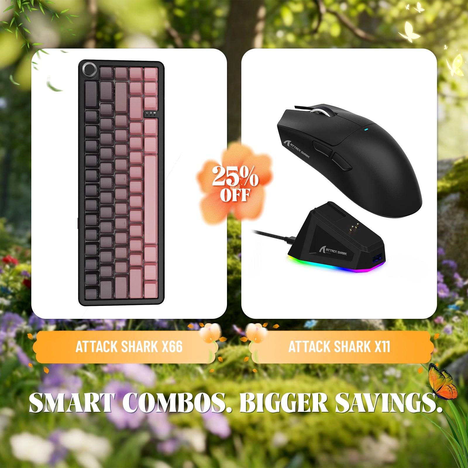 ATTACK SHARK X66 wireless mechanical keyboard and X11 wireless gaming mouse combo, 25% off offer.