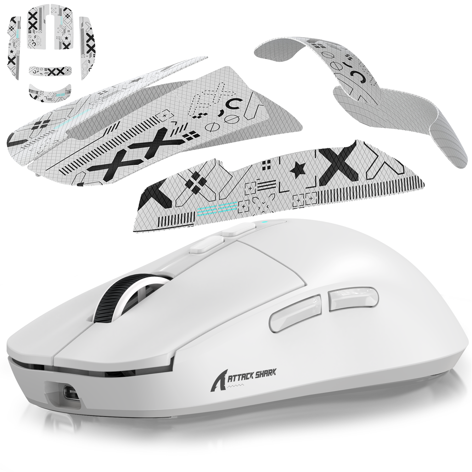 Gaming mouse with colorful grip tape and extra textured pieces for customization.