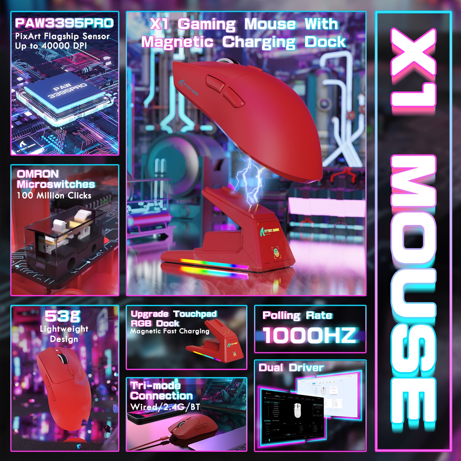 ATTACK SHARK X1 Tri-mode Gaming Mouse With Touchpad RGB Charging Dock PAW3395PRO Sensor