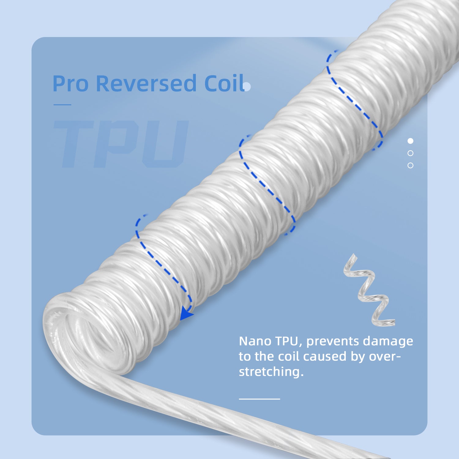 Close-up of transparent coiled TPU USB-C cable highlighting durability features