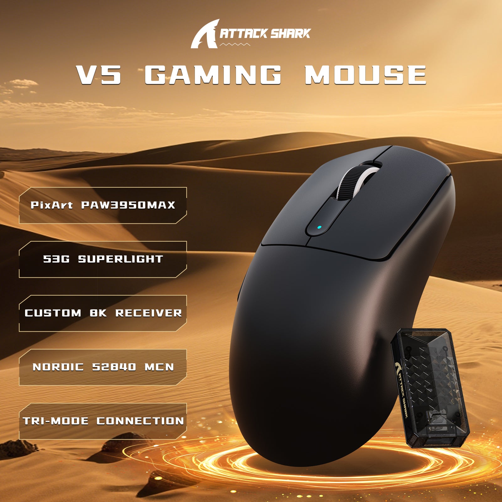 ATTACK SHARK V5 8KHz Wireless PAW3950MAX Gaming Mouse with C06 Ultra Cable