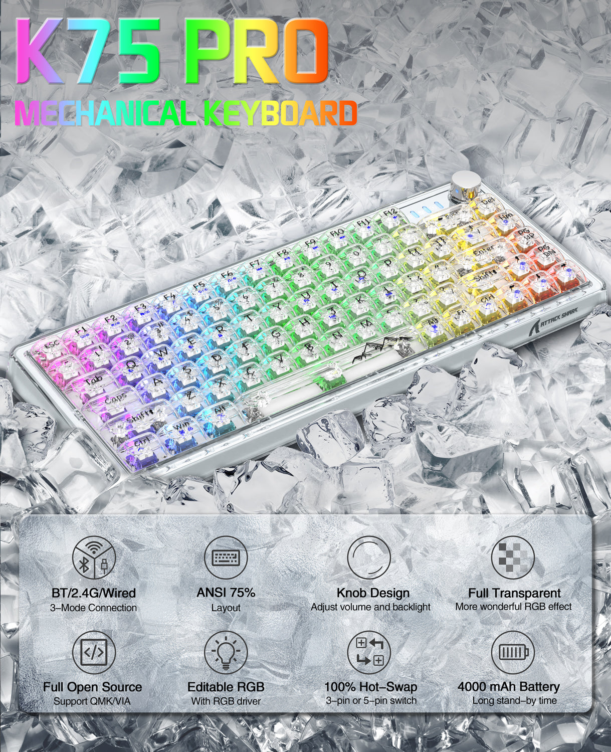 ATTACK SHARK K75 Pro Transparent Mechanical Keyboard