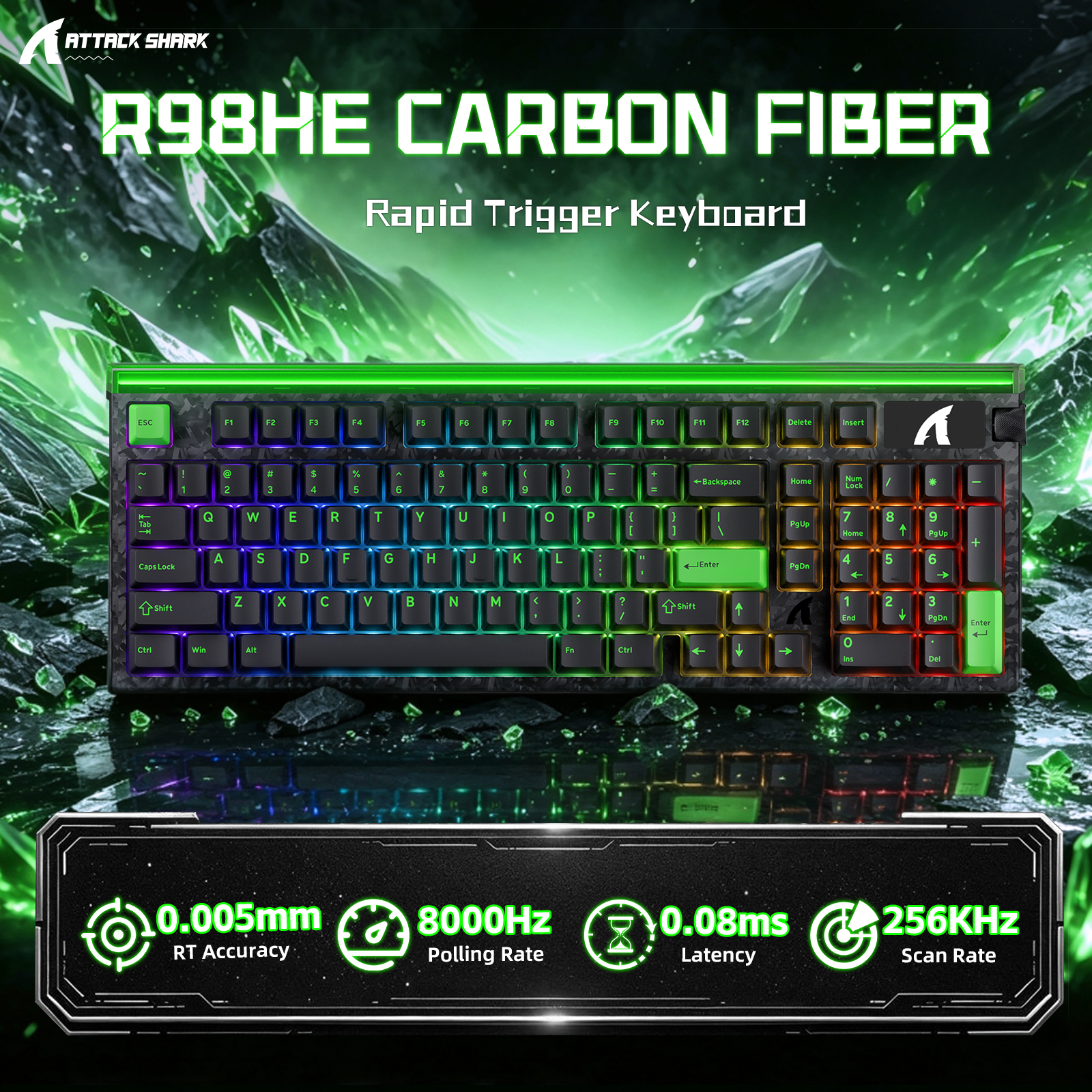 ATTACK SHARK R98 HE Carbon Fiber Wired Rapid Trigger Magnetic Switch Keyboard With C01 Ultra RGB Coiled Cable