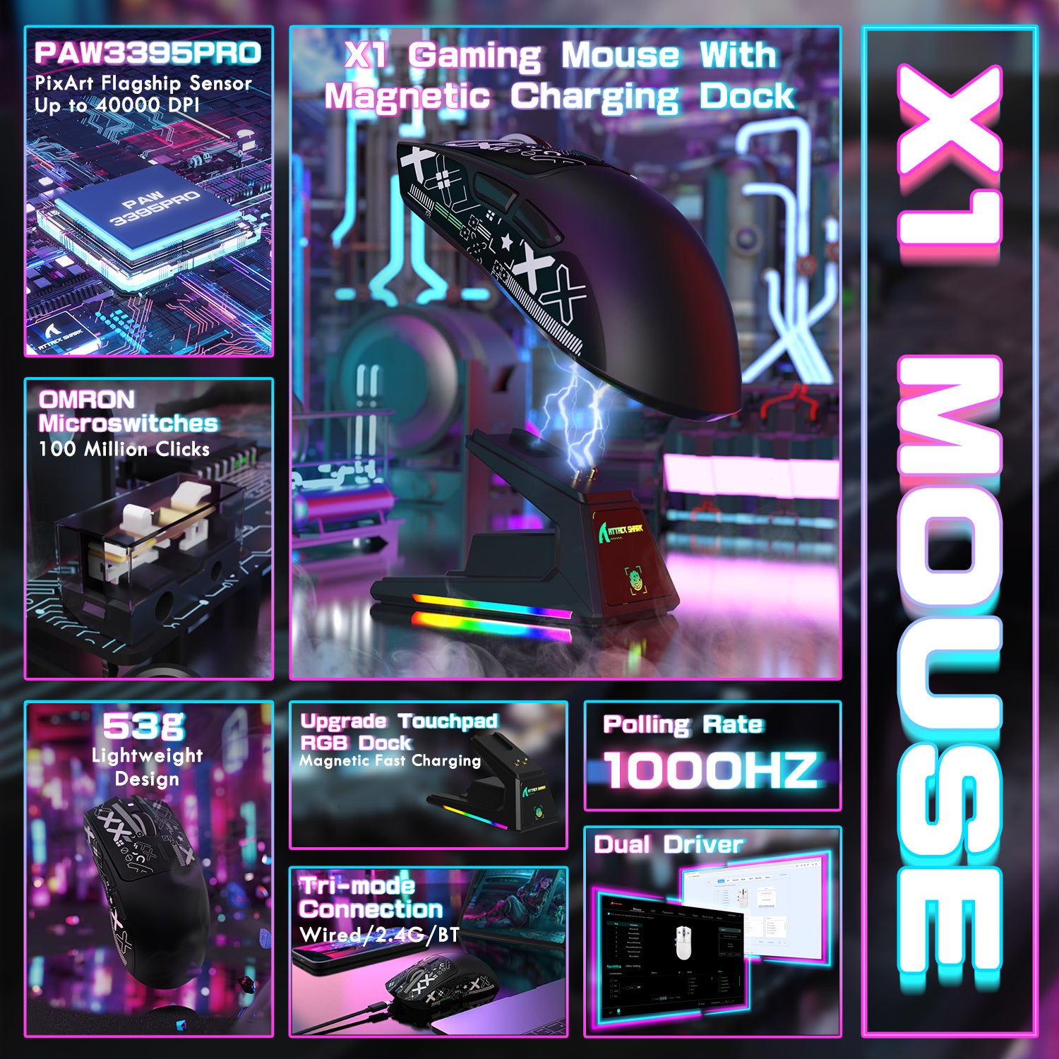 ATTACK SHARK X1 Tri-mode Gaming Mouse With Touchpad RGB Charging Dock PAW3395PRO Sensor