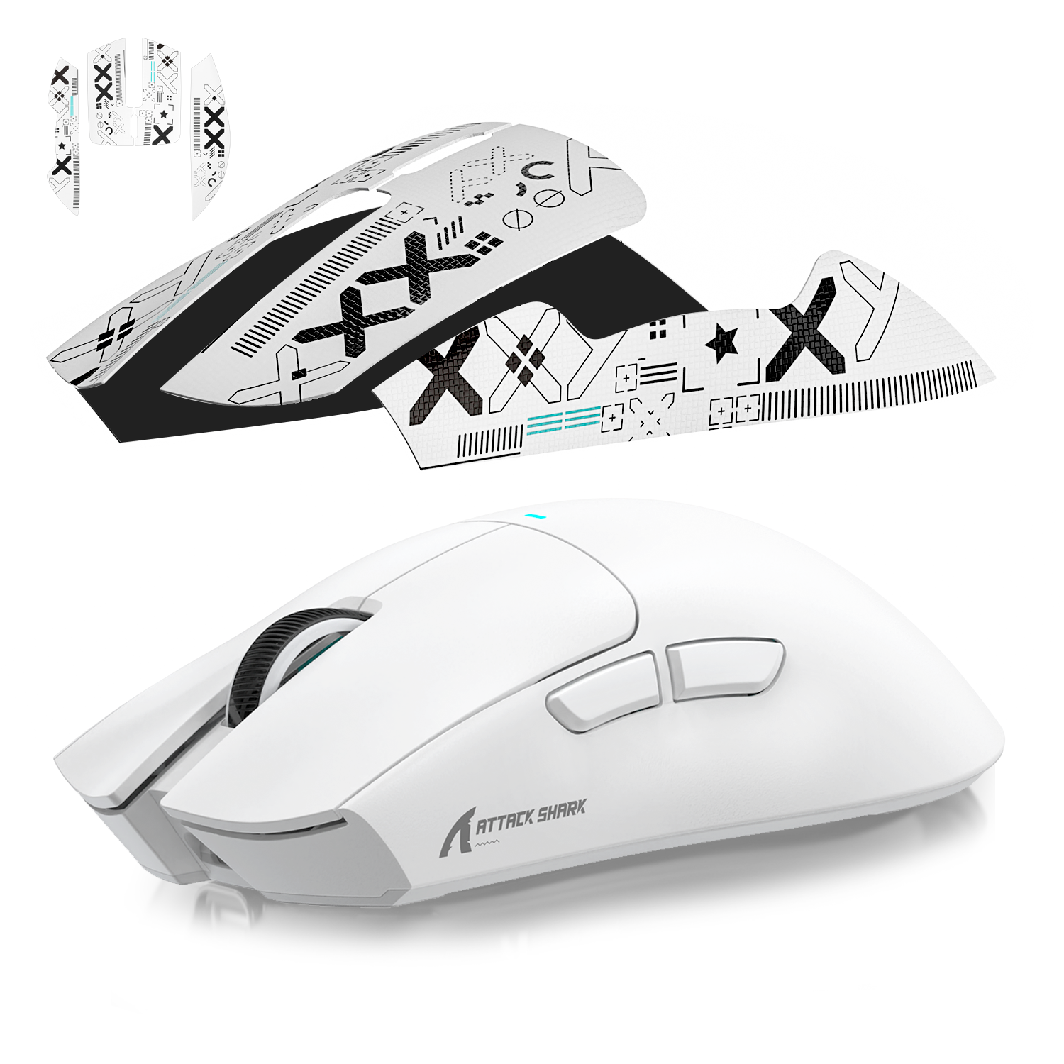 Attack Shark X11 gaming mouse with textured anti-slip grip tape and sleek design.