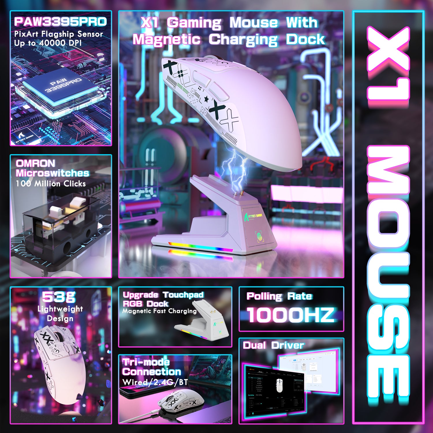 ATTACK SHARK X1 Tri-mode Gaming Mouse With Touchpad RGB Charging Dock PAW3395PRO Sensor