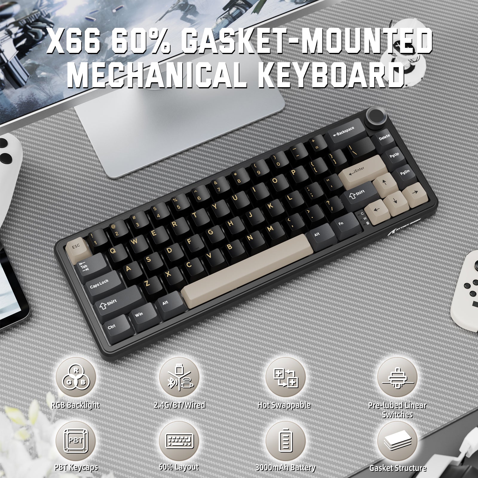 ATTACK SHARK X66 Wireless Mechanical Keyboard with Side Printed PBT Keycaps