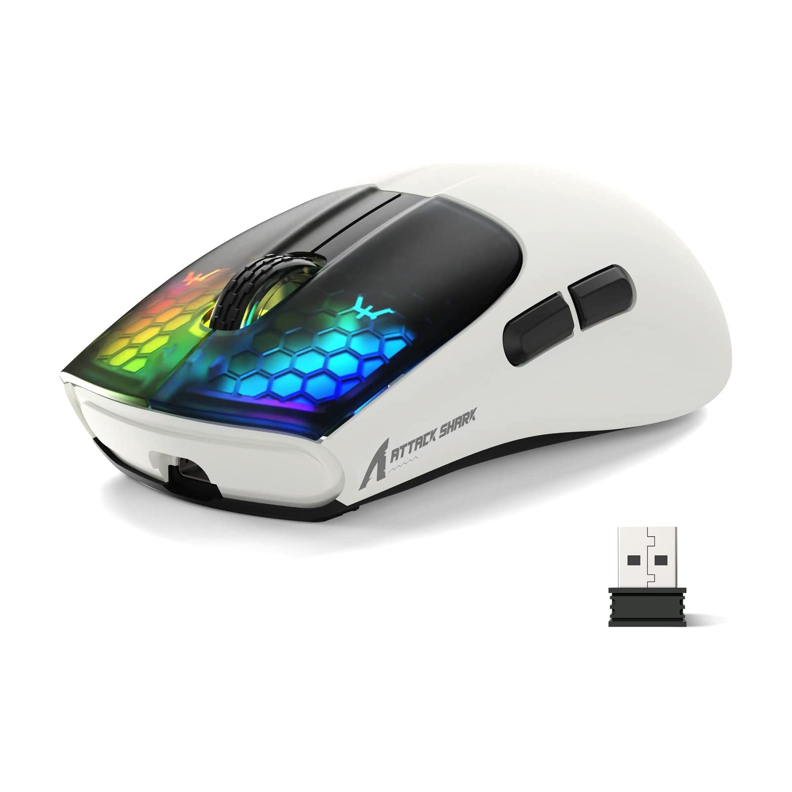 Attack Shark X5 white gaming mouse with RGB lighting and USB receiver.