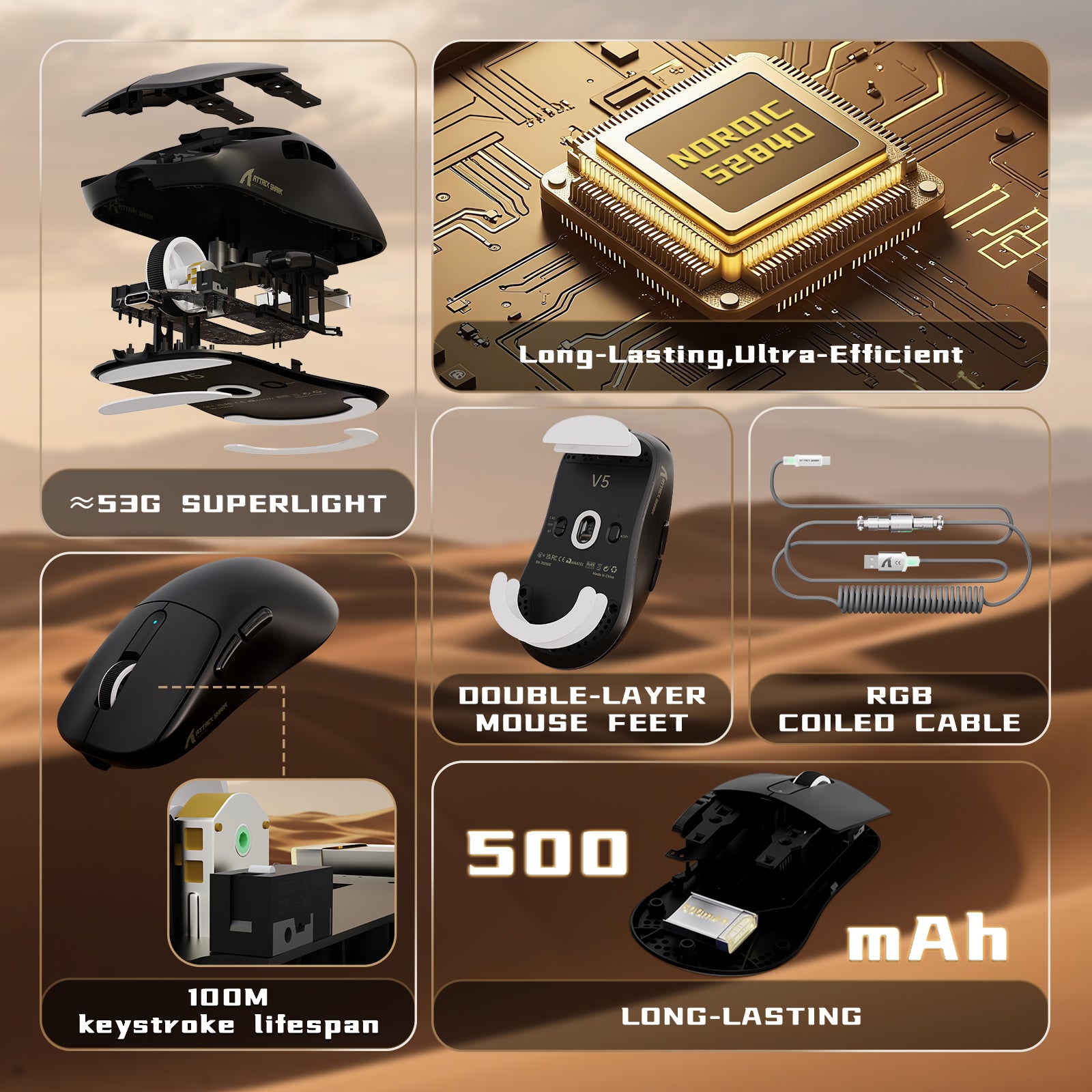 ATTACK SHARK V5 8KHz Wireless PAW3950MAX Gaming Mouse with C06 Ultra Cable