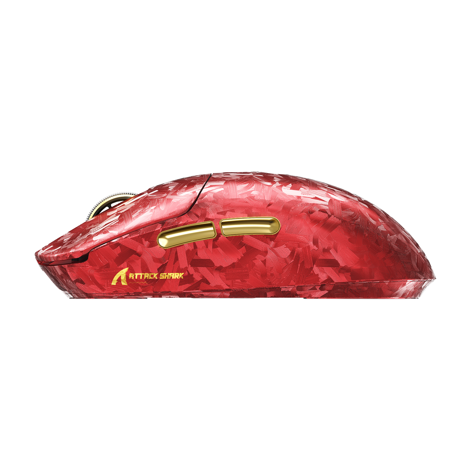 Red carbon fiber ATTACK SHARK RS3 ULTRA wireless gaming mouse with gold buttons