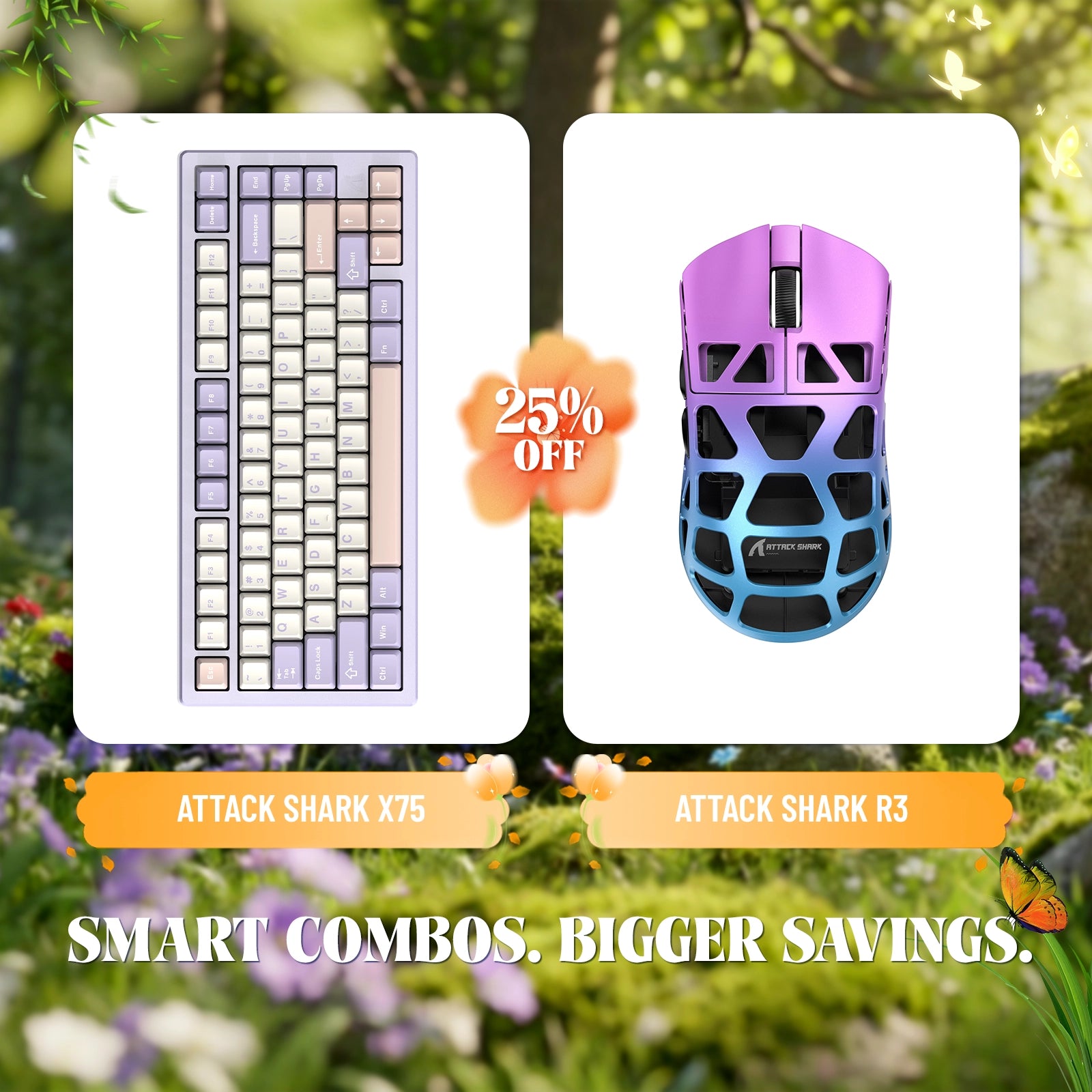 Attack Shark X75 keyboard and R3 gaming mouse bundle, 25% off offer.