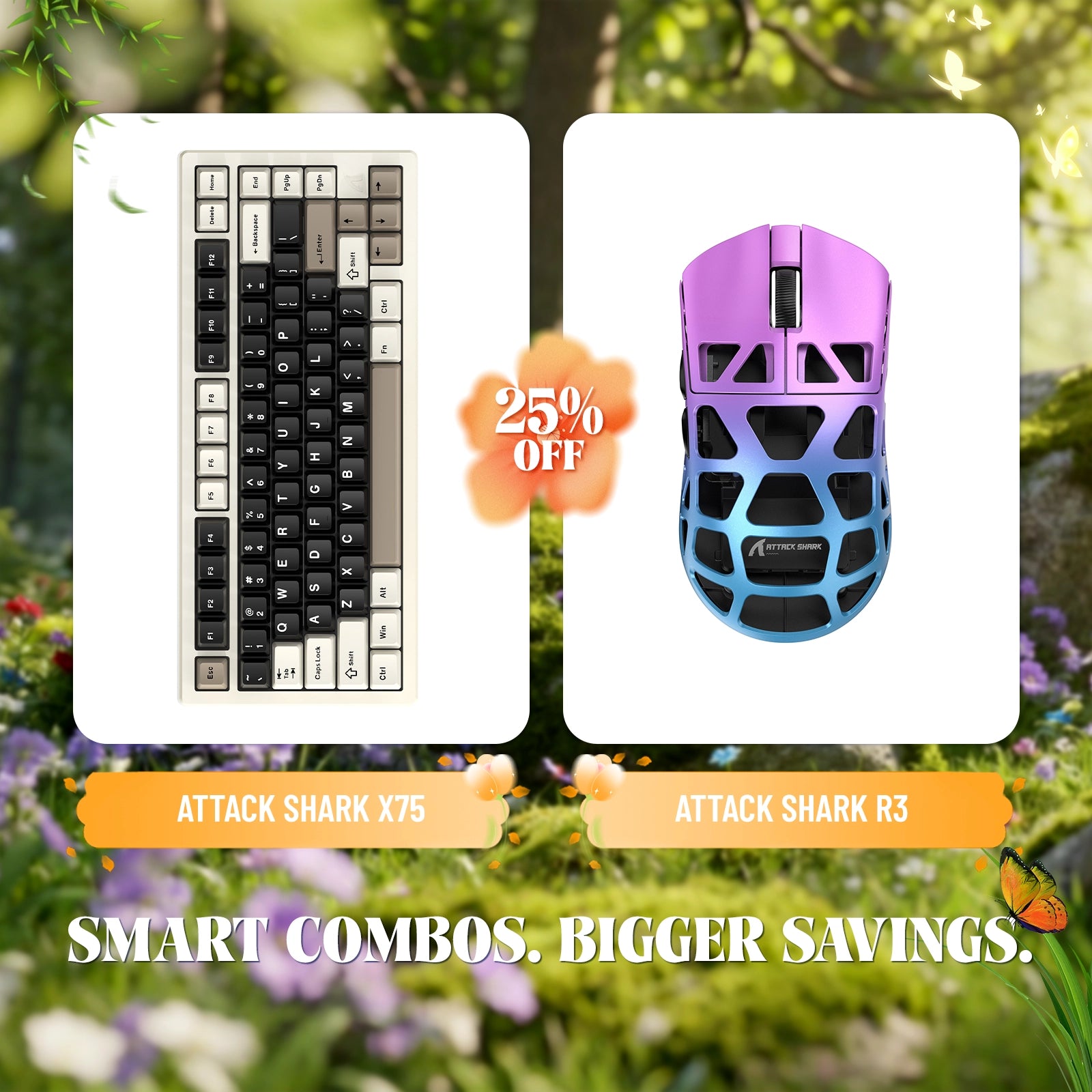 ATTACK SHARK X75 aluminum keyboard + R3 magnesium mouse bundle, 25% off.