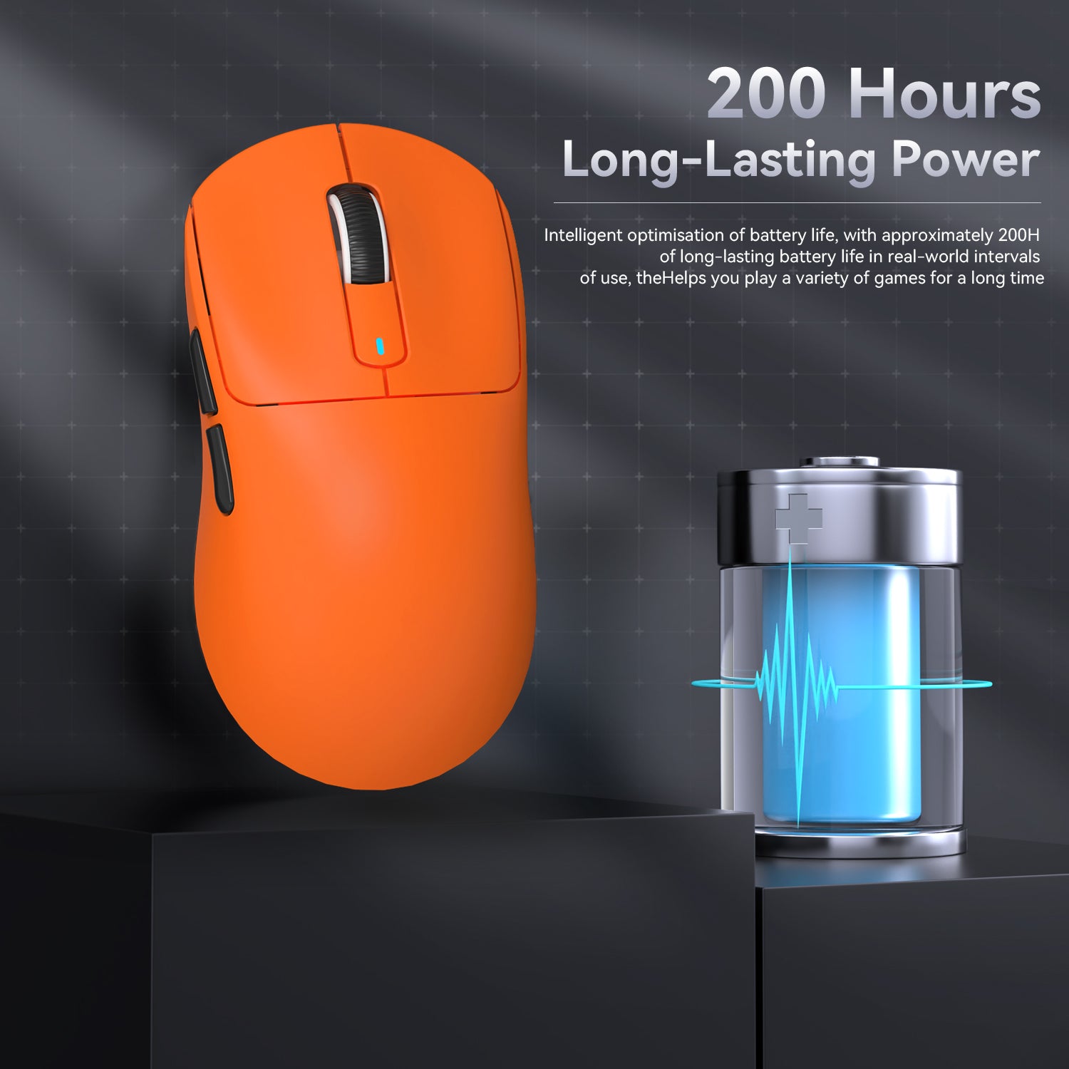 Attack Shark X3 orange gaming mouse highlighting 200-hour battery life feature.