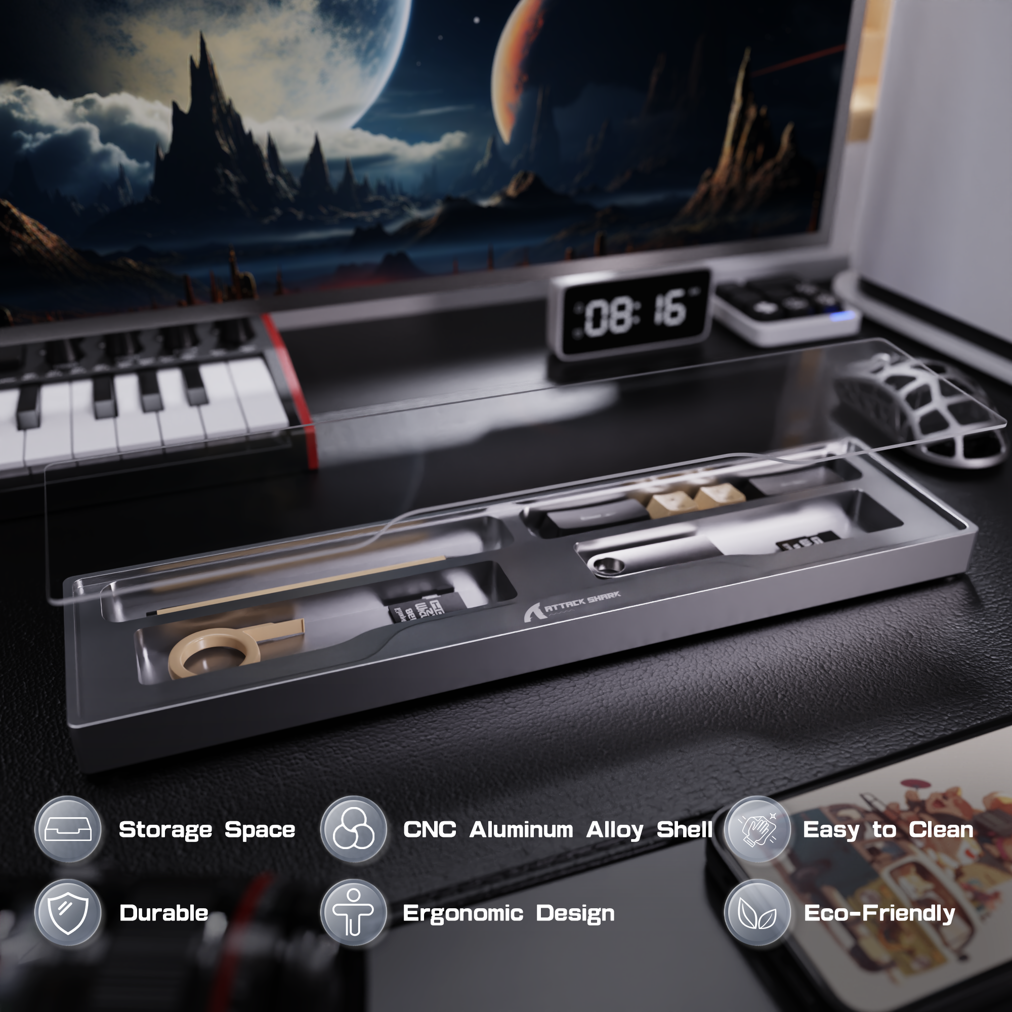 ATTACK SHARK Aluminum Alloy Wrist Rest with Partition Storage Case