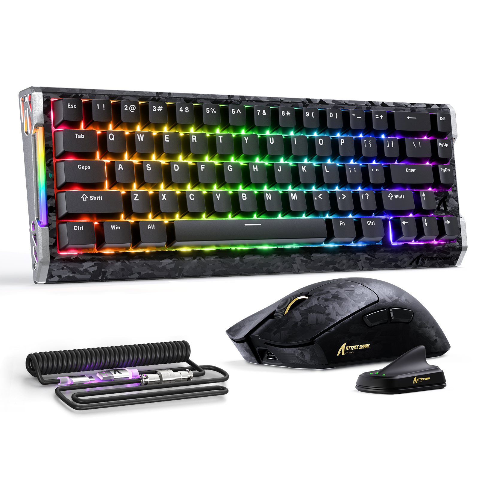 ATTACK SHARK X11 ULTRA & R68 HE carbon fiber gaming bundle with RGB lighting.