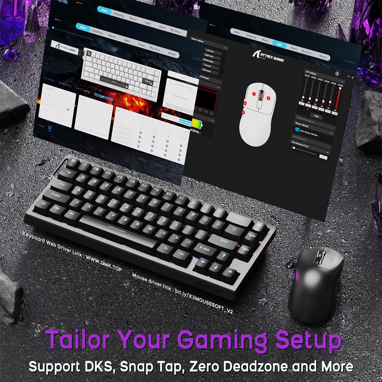 ATTACK SHARK X68HE keyboard and X3 mouse, setup with software showing customization options and features