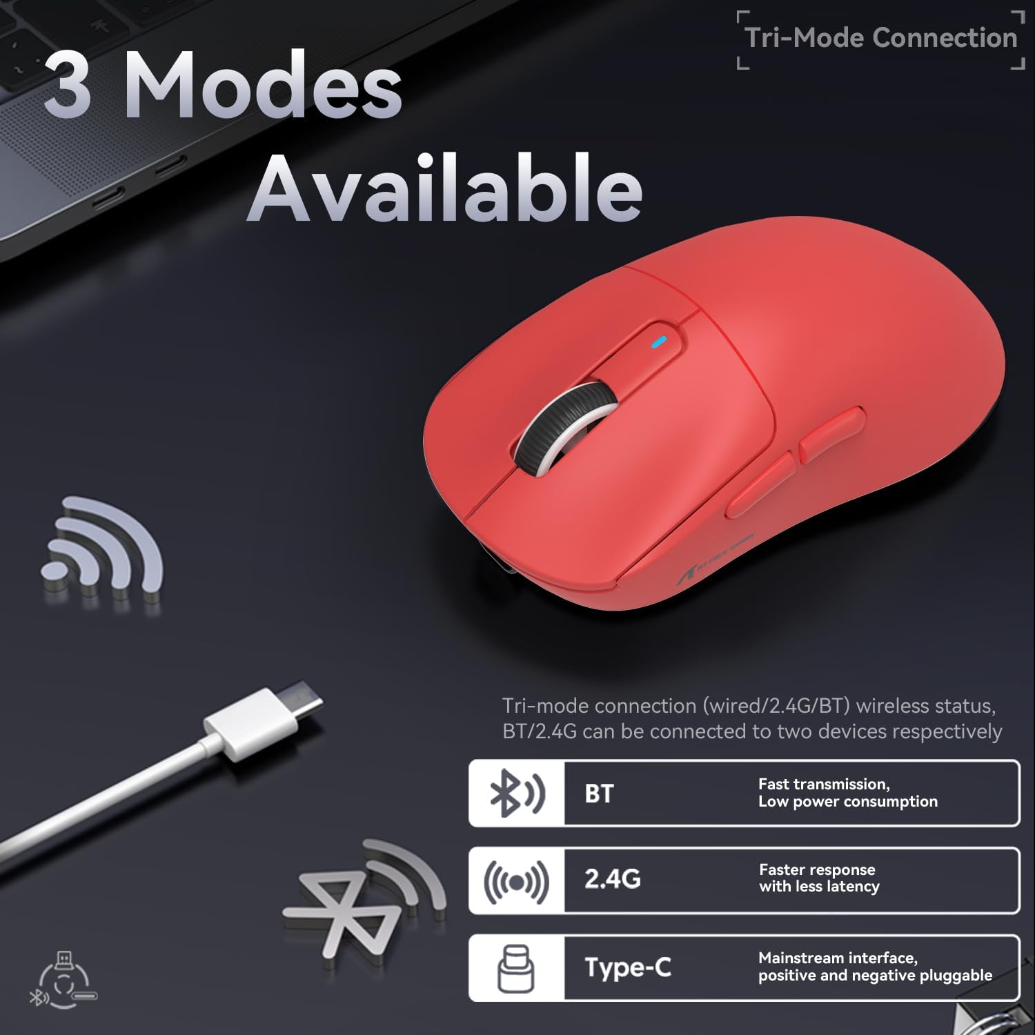 Tri-mode connection options for Attack Shark X3 gaming mouse: Bluetooth, 2.4GHz, USB-C.